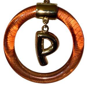 Necklace Circle P Pendant Women Plastic Metal Gold Chain Brown Vintage